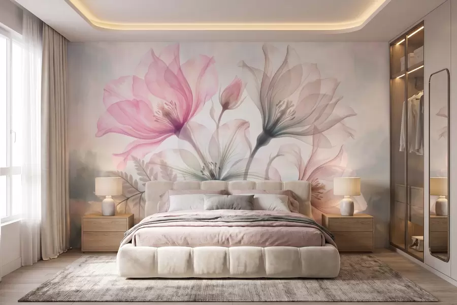 Fototapet Ömtåliga blommor i pastellrosa och blå nyanser, i akvarellstil w10009
