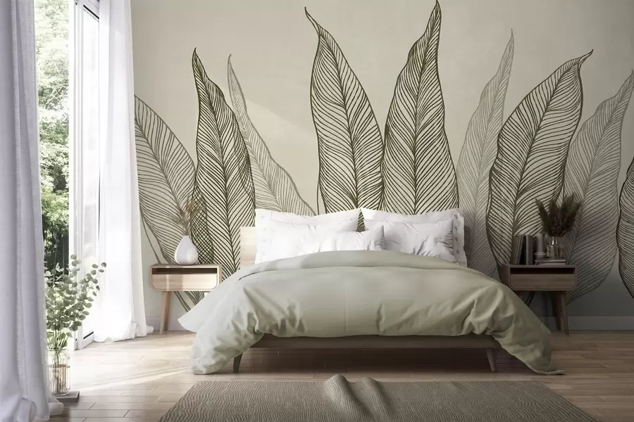 Fototapet Stiliserade gröna blad med intrikata linjedetaljer på en beige bakgrund, texturerad konst w10030