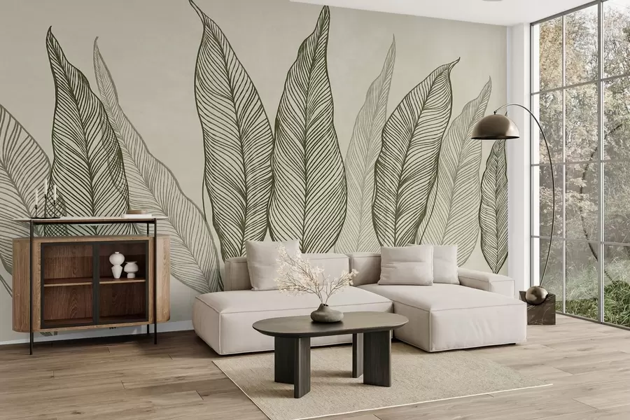 Fototapet Stiliserade gröna blad med intrikata linjedetaljer på en beige bakgrund, texturerad konst w10030