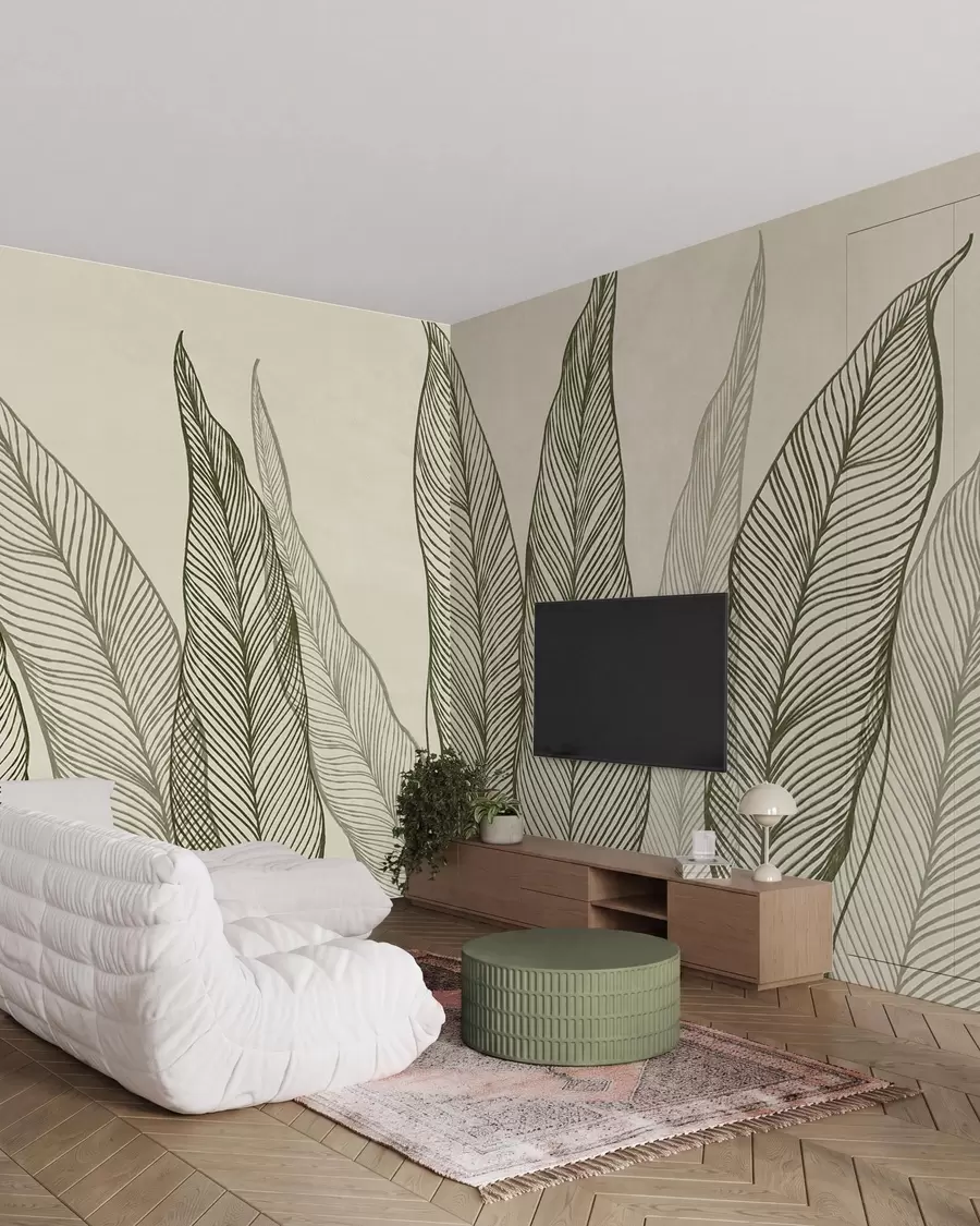 Fototapet Stiliserade gröna blad med intrikata linjedetaljer på en beige bakgrund, texturerad konst w10030