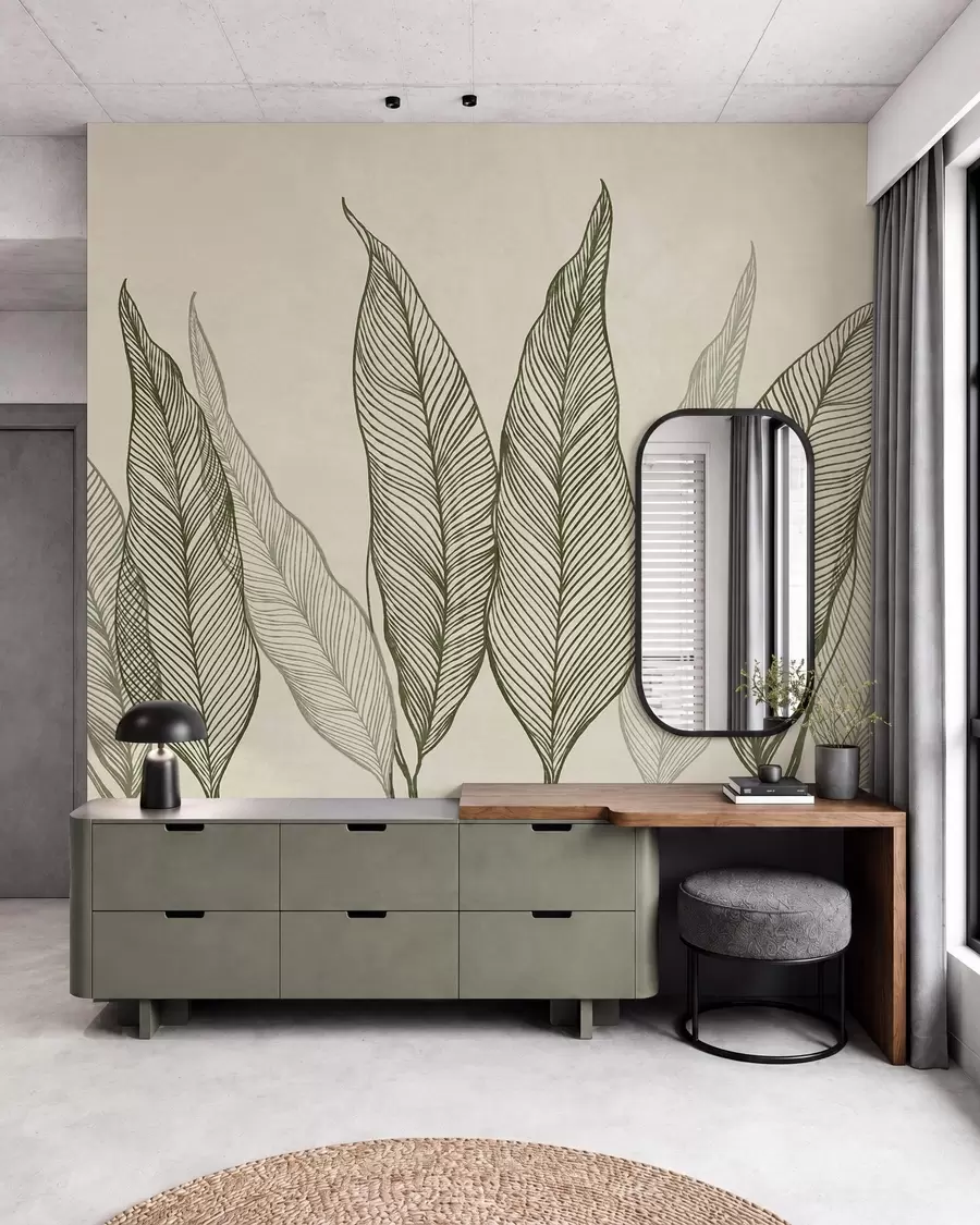 Fototapet Stiliserade gröna blad med intrikata linjedetaljer på en beige bakgrund, texturerad konst w10030