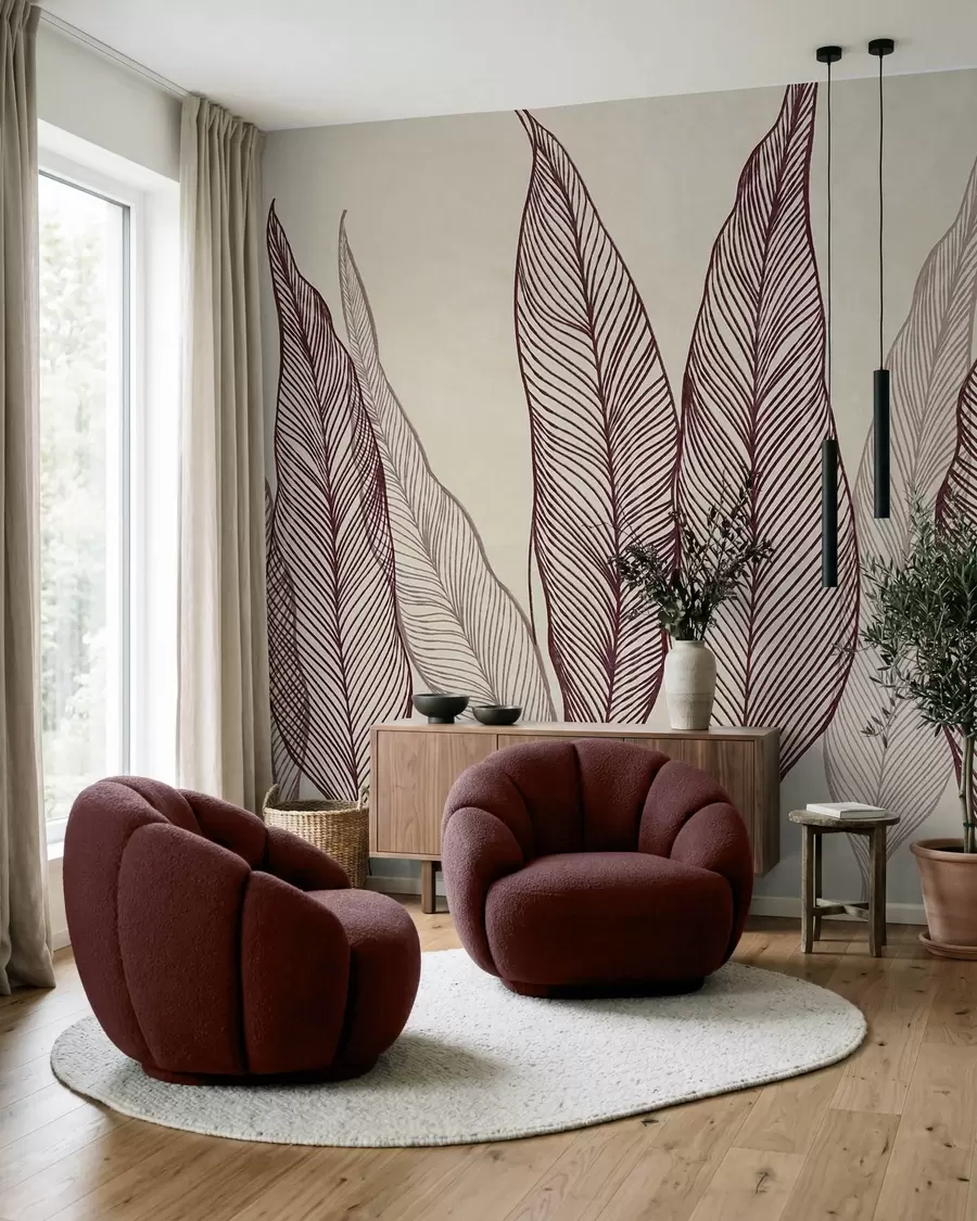 Fototapet Stiliserade vinröda blad med intrikata linjedetaljer på en beige bakgrund, texturerad konst w10030v1