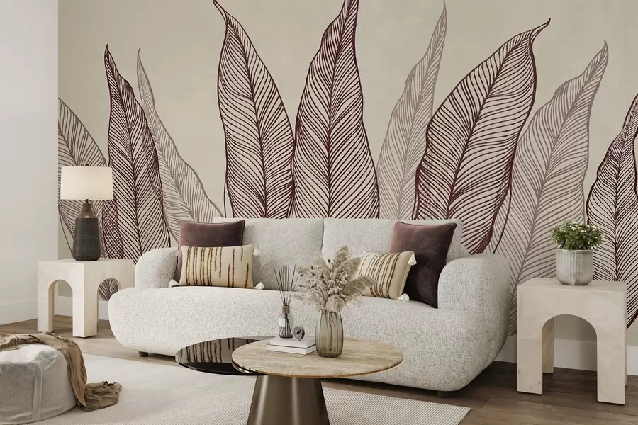 Fototapet Stiliserade vinröda blad med intrikata linjedetaljer på en beige bakgrund, texturerad konst w10030v1