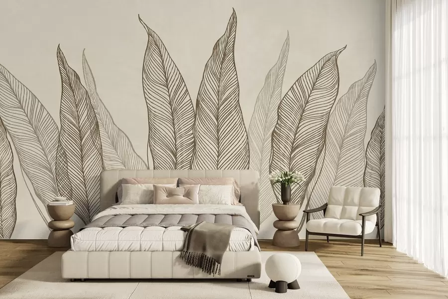 Fototapet Stiliserade bruna löv med intrikata linjedetaljer på en beige bakgrund, texturerad konst w10030v2