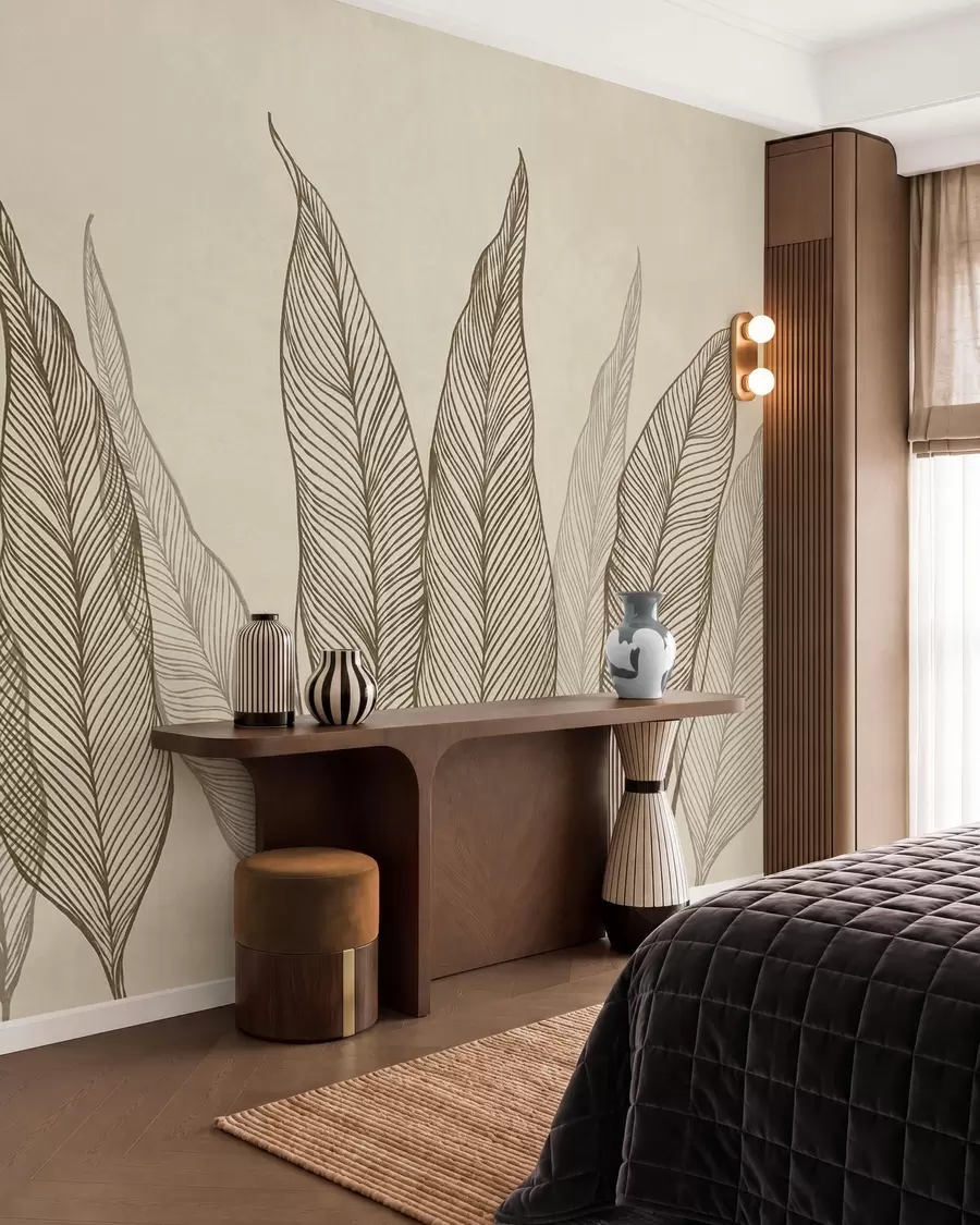 Fototapet Stiliserade bruna löv med intrikata linjedetaljer på en beige bakgrund, texturerad konst w10030v2