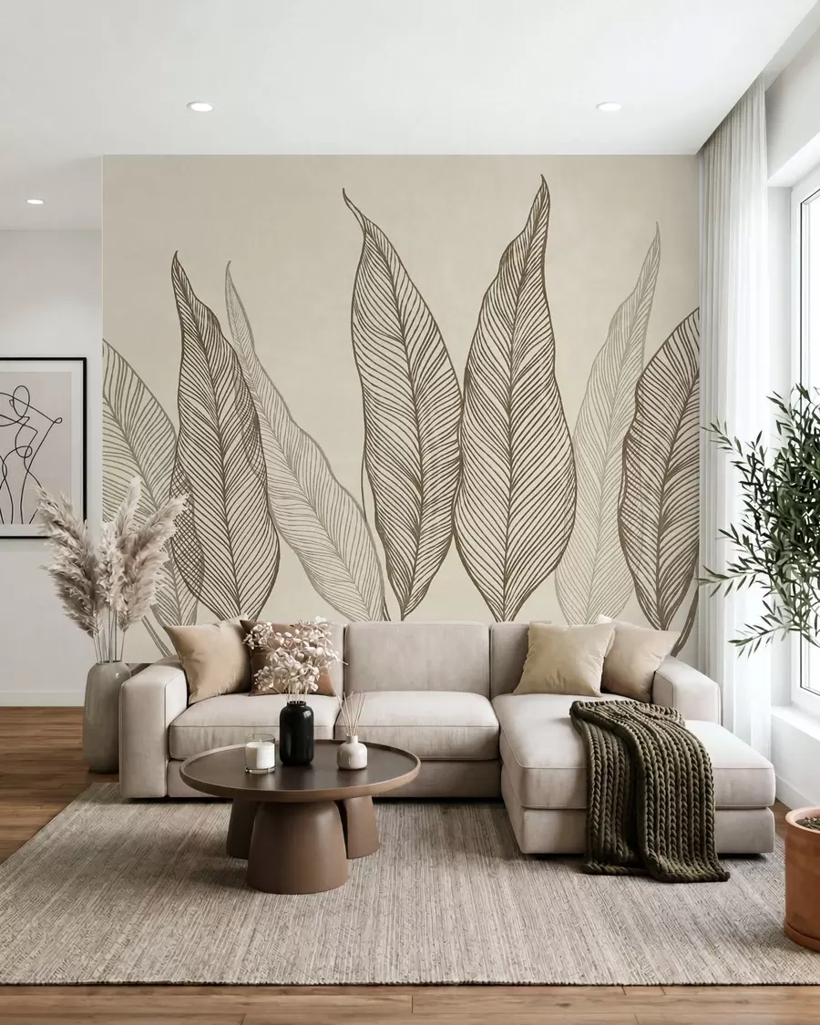 Fototapet Stiliserade bruna löv med intrikata linjedetaljer på en beige bakgrund, texturerad konst w10030v2