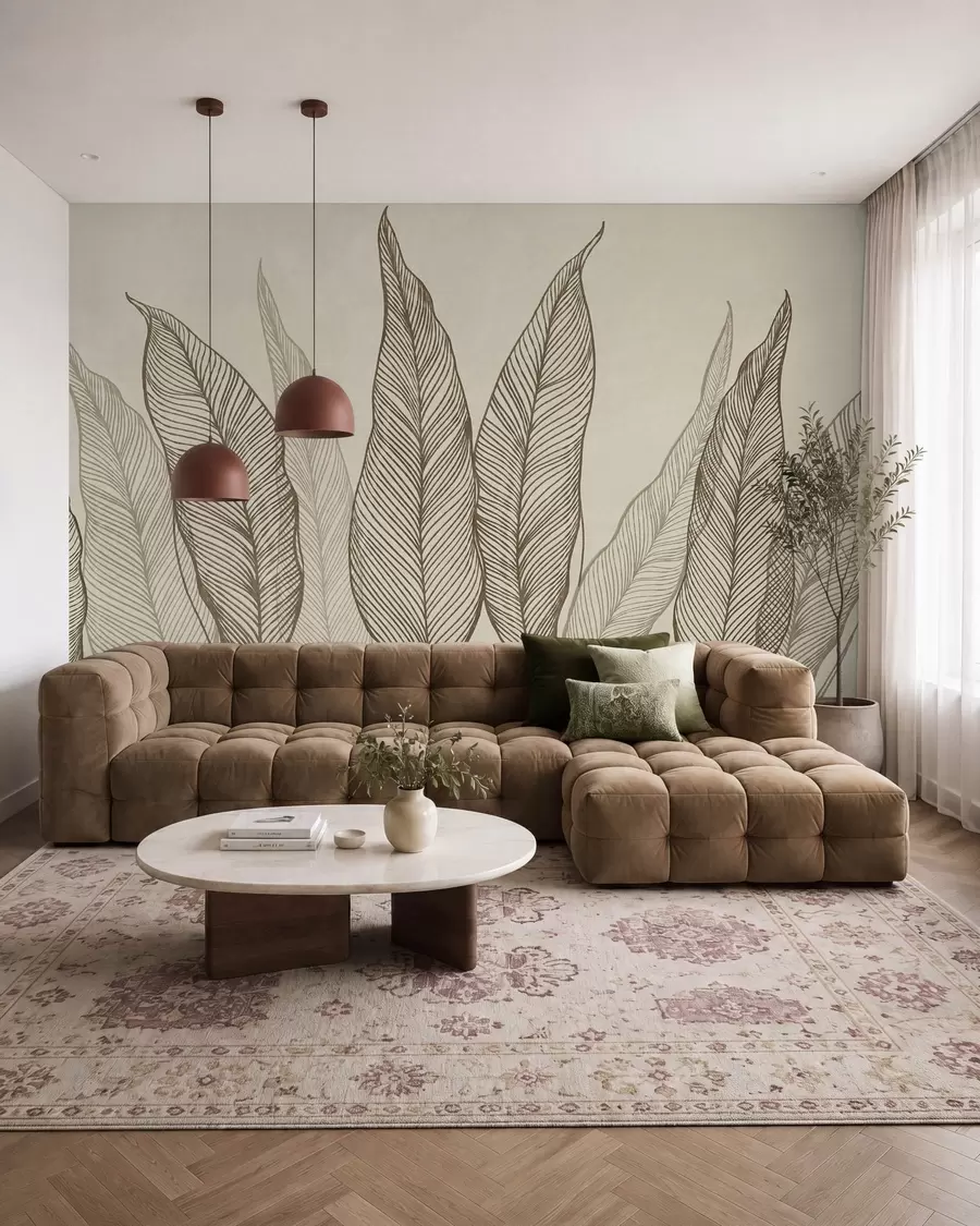 Fototapet Stiliserade bruna löv med intrikata linjedetaljer på en beige bakgrund, texturerad konst w10030v2