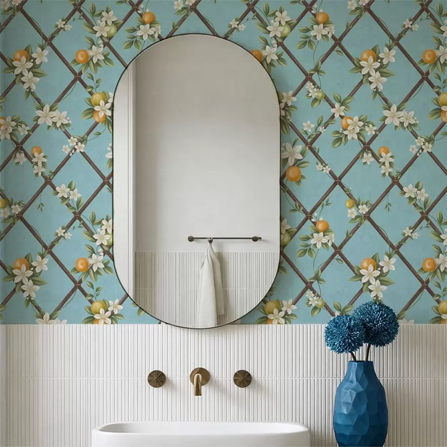 Fototapet Blommor och citrusfrukter på blå bakgrund med galler a01261v3