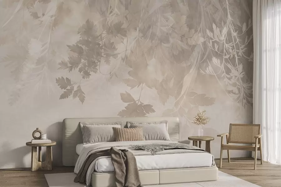 Fototapet Strukturerade blad och grenar mot en mjuk, dämpad beige bakgrund w10020