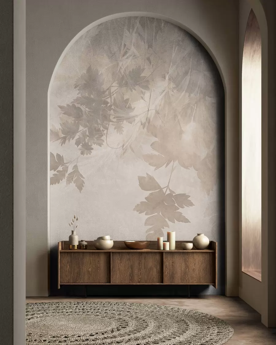 Fototapet Strukturerade blad och grenar mot en mjuk, dämpad beige bakgrund w10020
