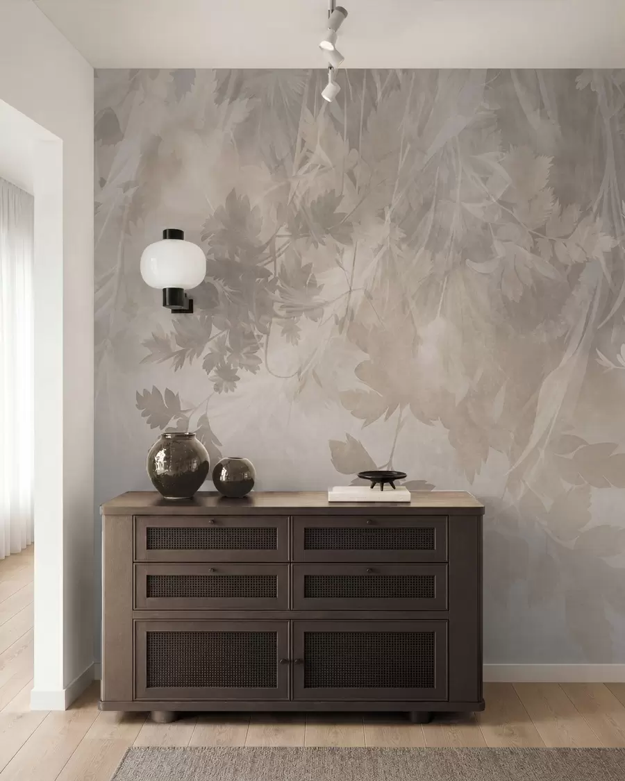 Fototapet Strukturerade blad och grenar mot en mjuk, dämpad beige bakgrund w10020
