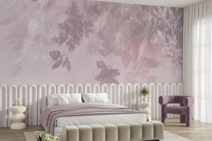 Fototapet Strukturerade blad och grenar mot en mjuk, dämpad rosa bakgrund w10020v1