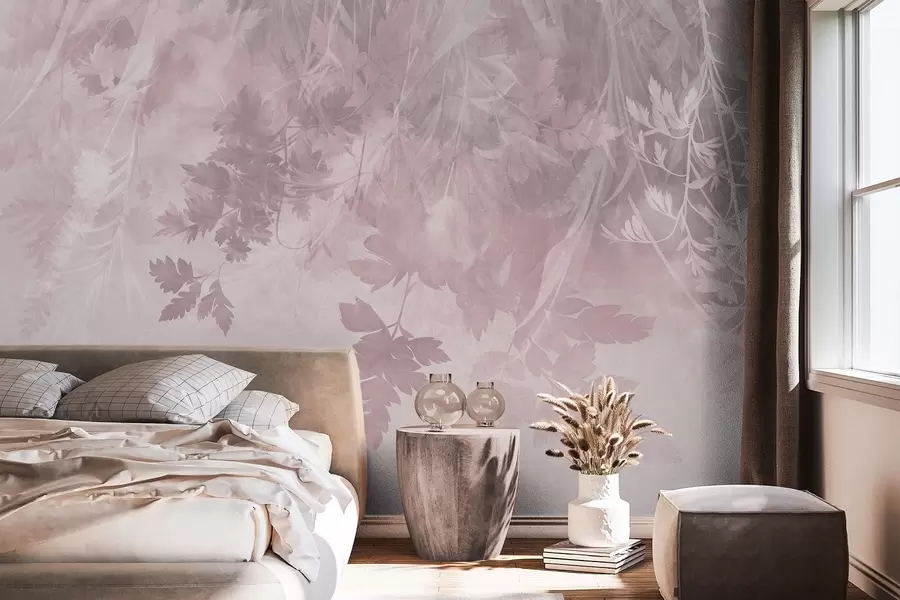 Fototapet Strukturerade blad och grenar mot en mjuk, dämpad rosa bakgrund w10020v1