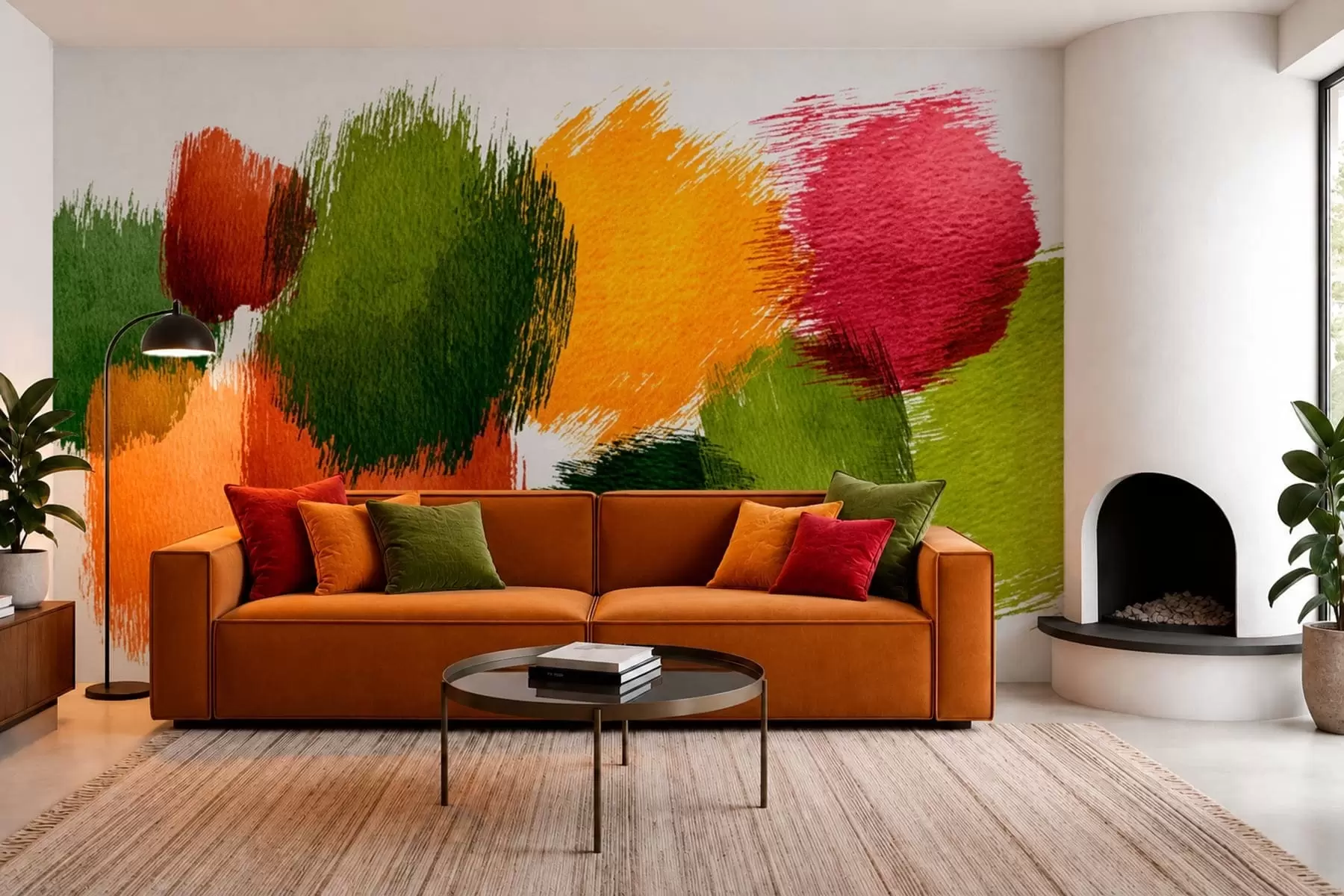 Fototapet Abstrakta penseldrag i grönt, orange och rosa w05859