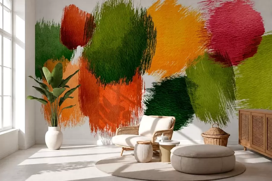 Fototapet Abstrakta penseldrag i grönt, orange och rosa w05859