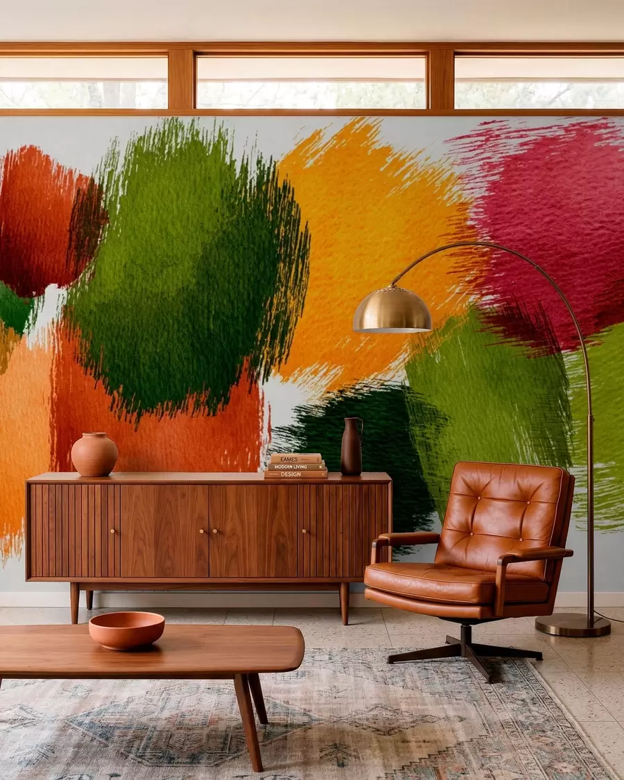 Fototapet Abstrakta penseldrag i grönt, orange och rosa w05859