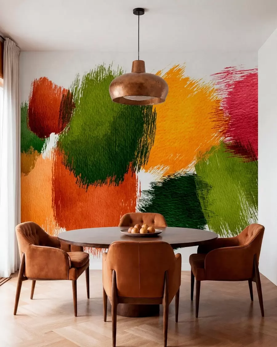 Fototapet Abstrakta penseldrag i grönt, orange och rosa w05859