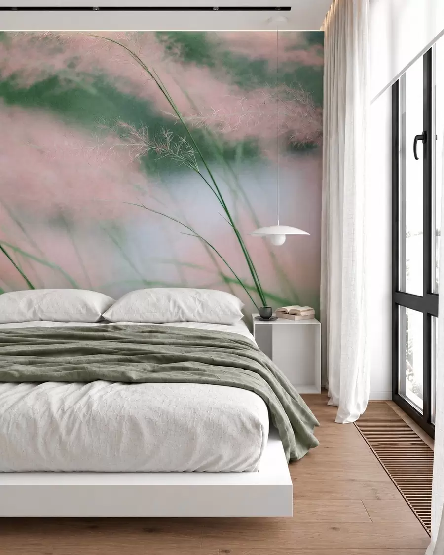 Fototapet Nådiga rosa gräs mot en mjukt grön bakgrund w05886