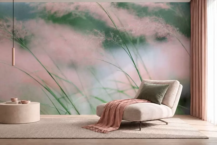 Fototapet Nådiga rosa gräs mot en mjukt grön bakgrund w05886