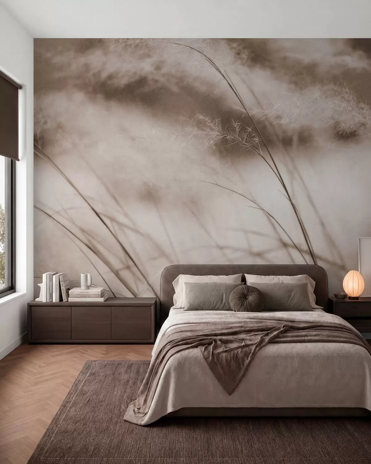 Fototapet Smala gräs och fjäderlika blommor i beige nyanser w05886v2