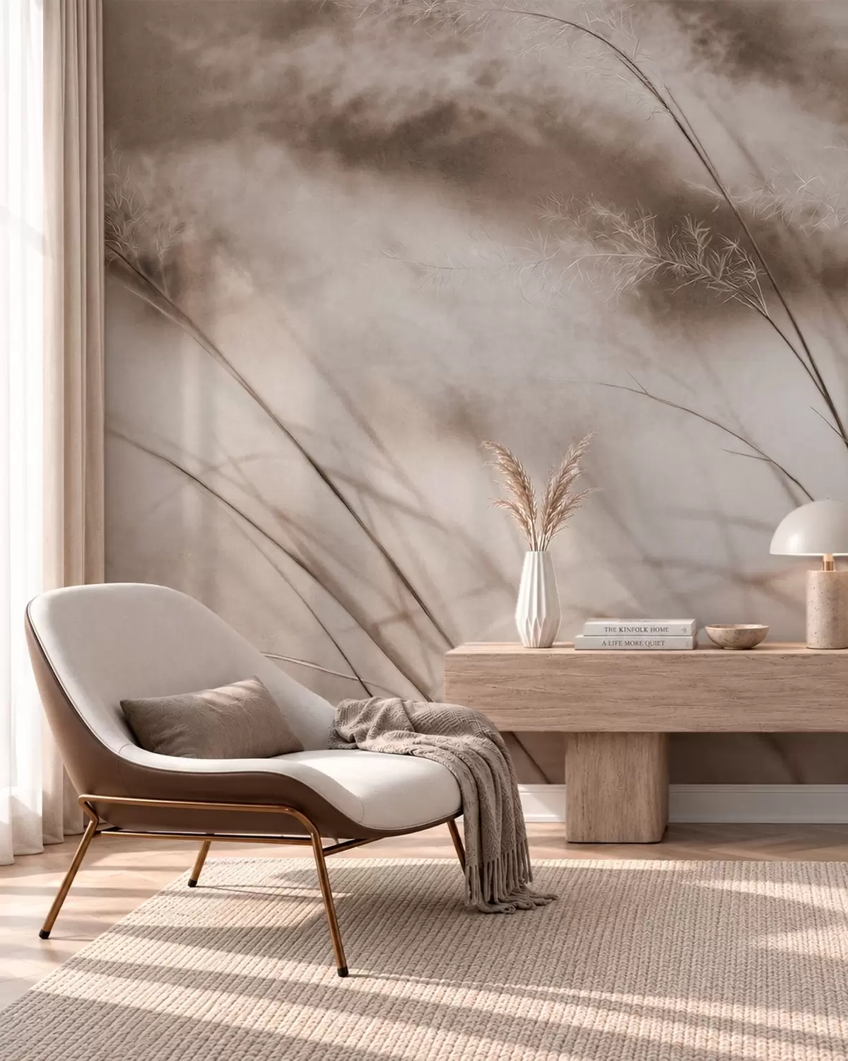 Fototapet Smala gräs och fjäderlika blommor i beige nyanser w05886v2