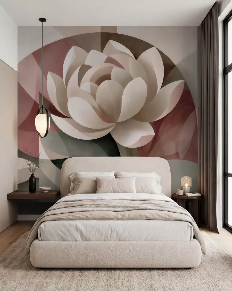 Fototapet Stor abstrakt blomma utförd i en facetterad geometrisk teknik, i en dämpad pulver-smaragdgrön färgskala w10035