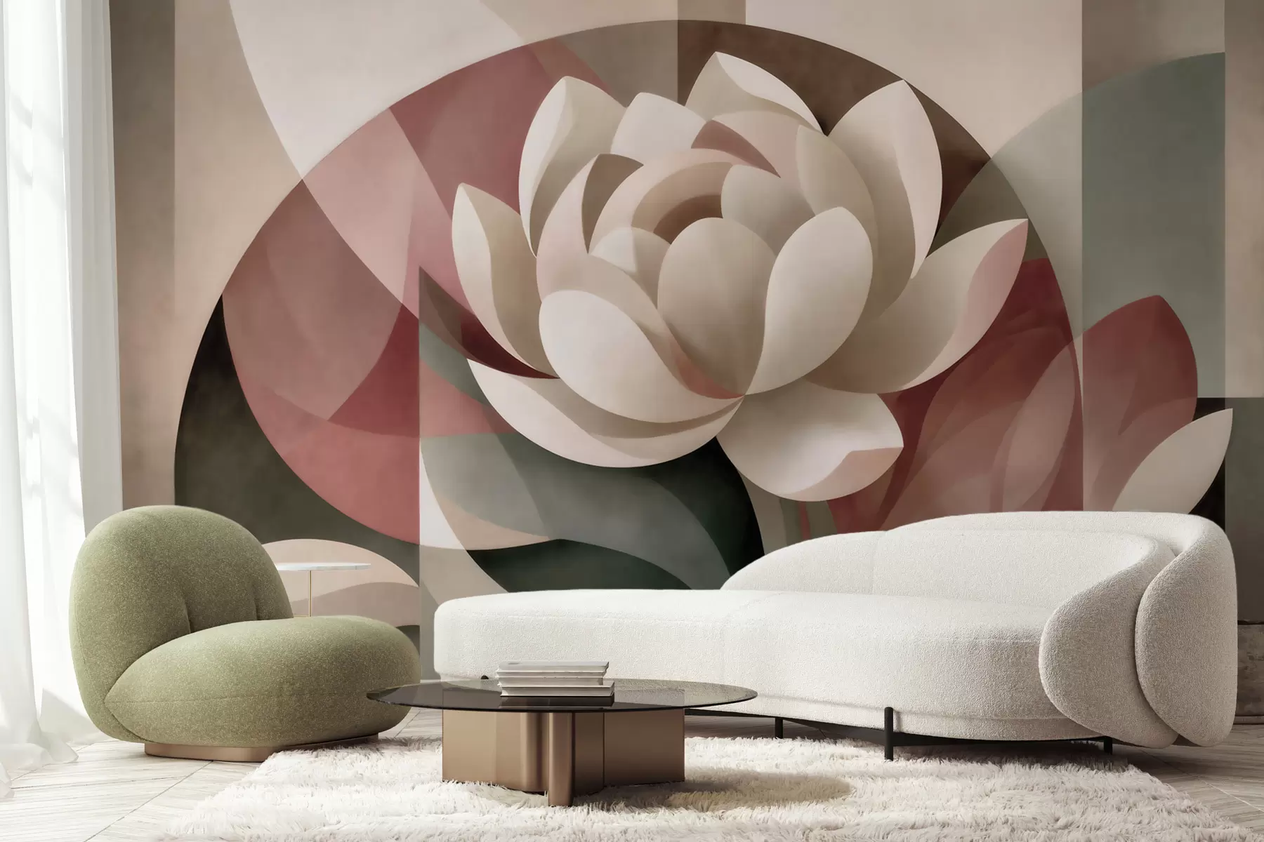 Fototapet Stor abstrakt blomma utförd i en facetterad geometrisk teknik, i en dämpad pulver-smaragdgrön färgskala w10035