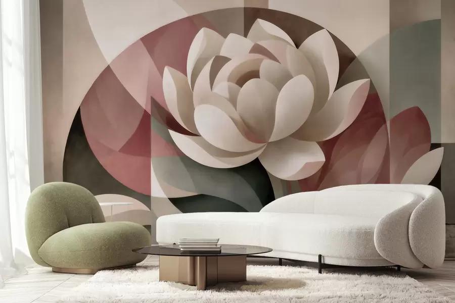Fototapet Stor abstrakt blomma utförd i en facetterad geometrisk teknik, i en dämpad pulver-smaragdgrön färgskala w10035