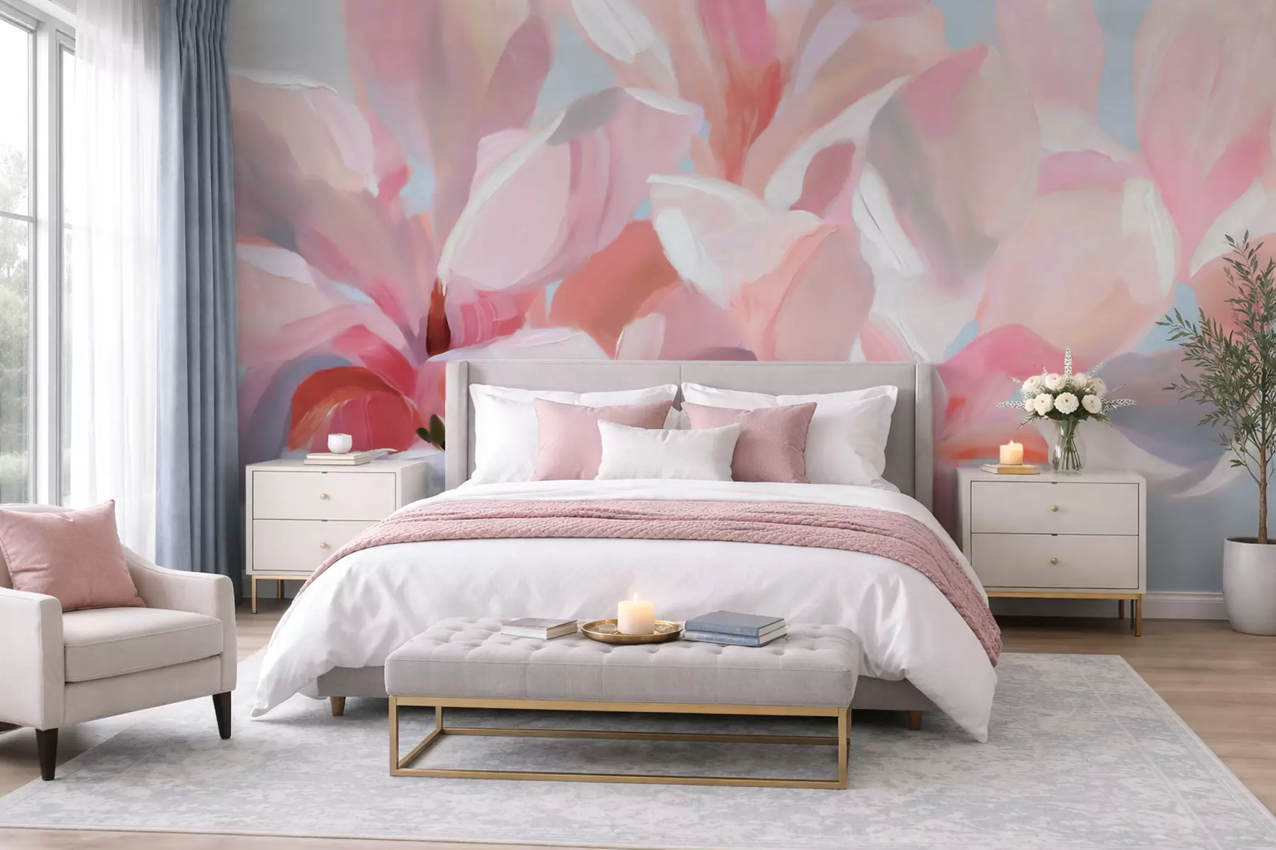 Fototapet Närbild på en rosa magnolia, imiterad mjuk målarteknik w10043