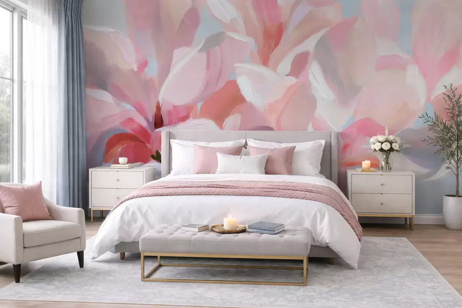 Fototapet Närbild på en rosa magnolia, imiterad mjuk målarteknik w10043