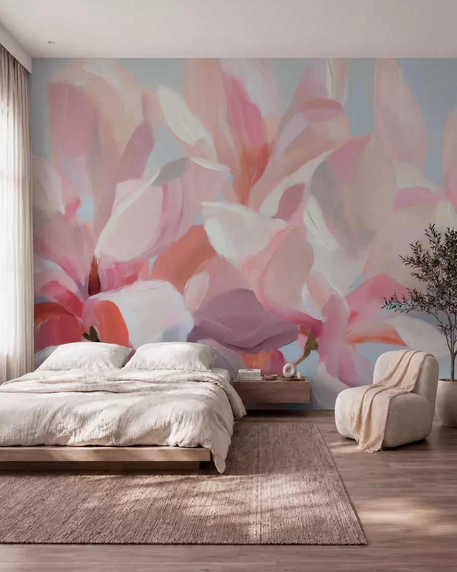 Fototapet Närbild på en rosa magnolia, imiterad mjuk målarteknik w10043
