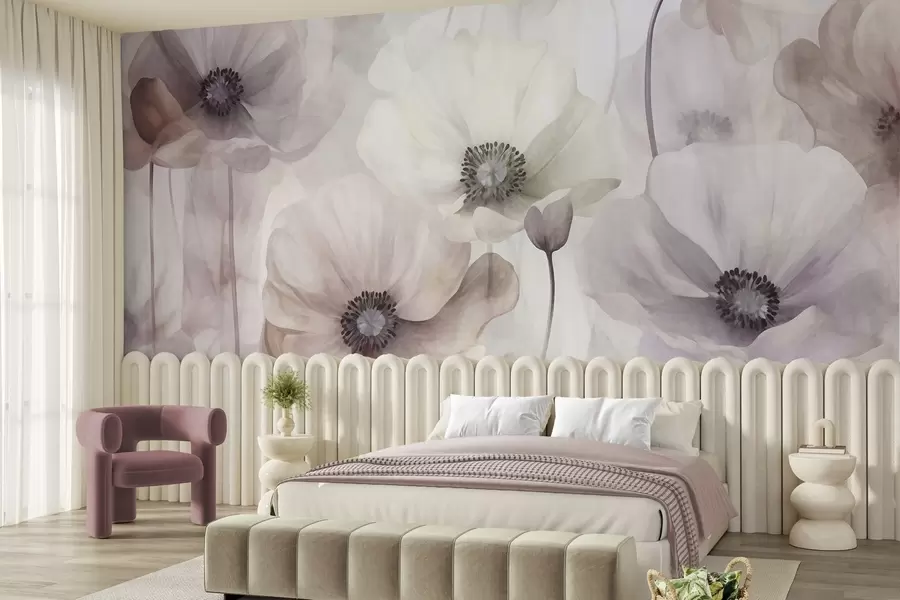 Fototapet Ljusrosa och beige vallmo med sköra kronblad w10029