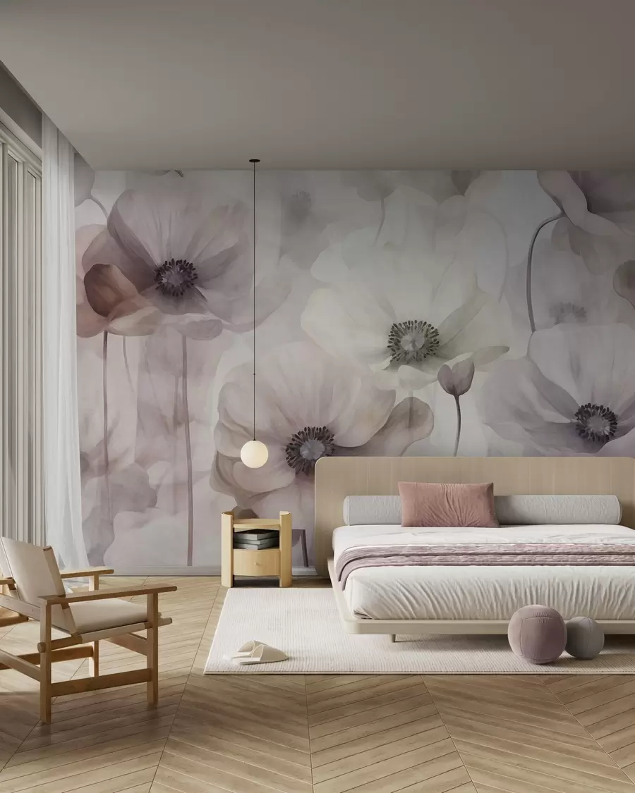 Fototapet Ljusrosa och beige vallmo med sköra kronblad w10029