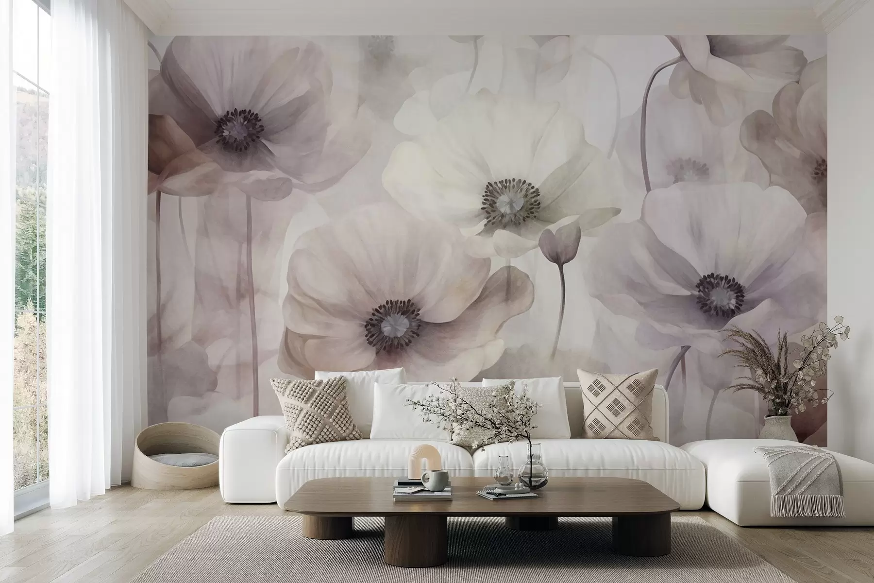 Fototapet Ljusrosa och beige vallmo med sköra kronblad w10029