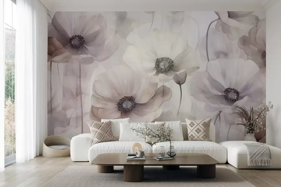 Fototapet Ljusrosa och beige vallmo med sköra kronblad w10029