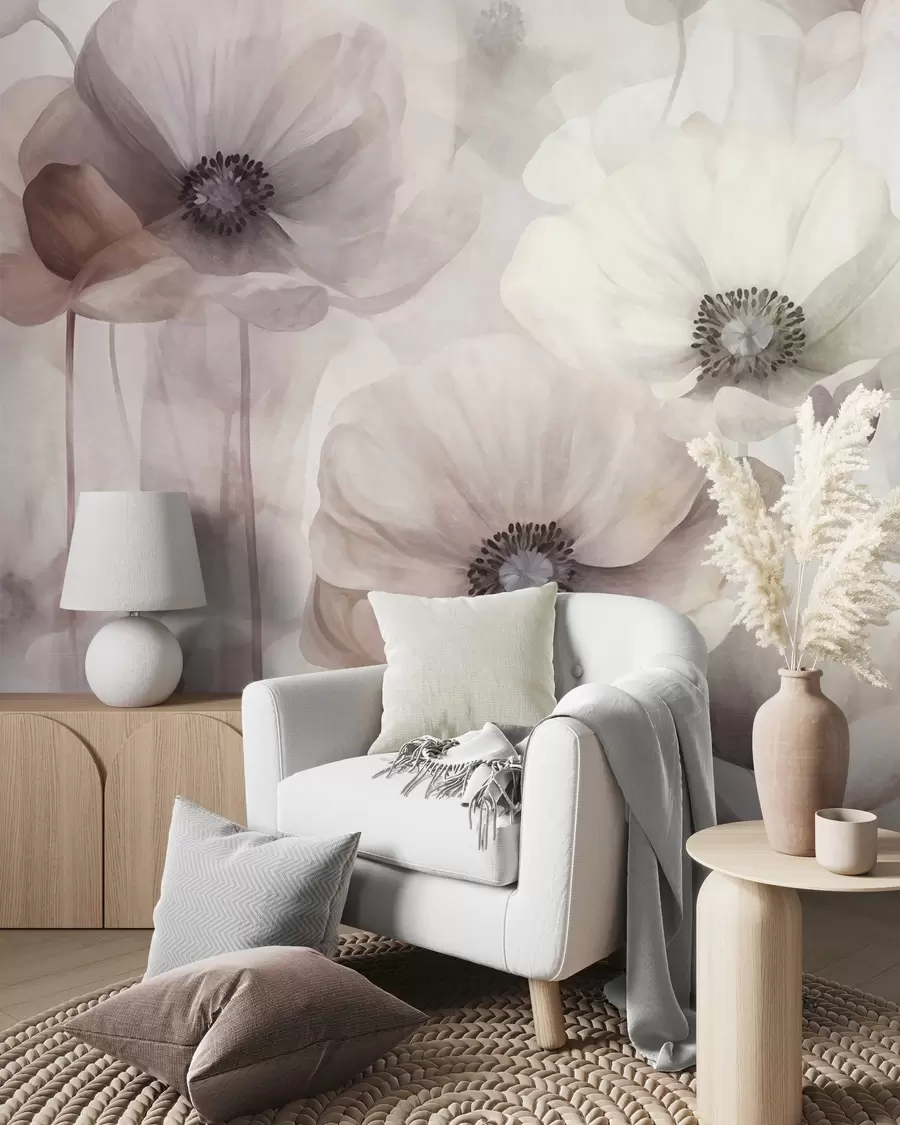 Fototapet Ljusrosa och beige vallmo med sköra kronblad w10029