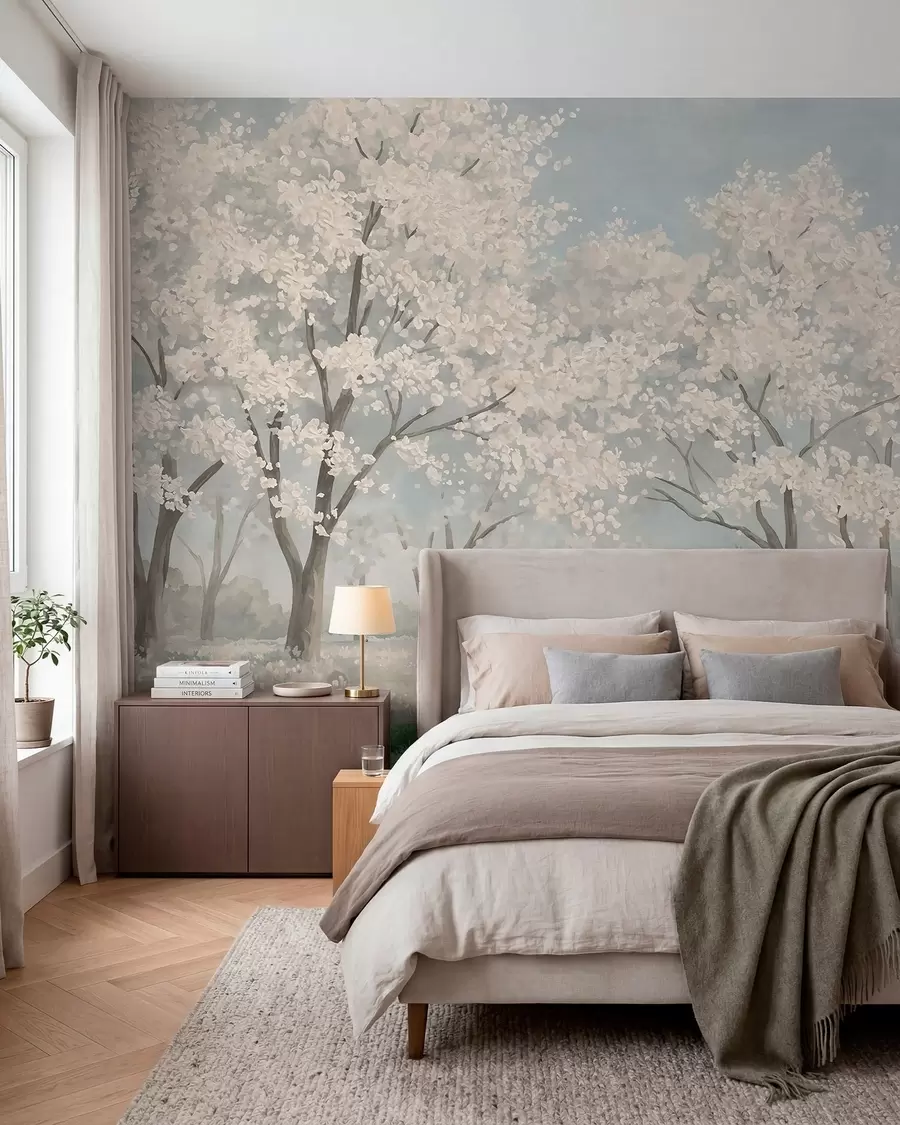 Fototapet Blekblommande träd på en äng i pastellfärger w05897