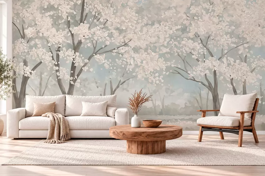 Fototapet Blekblommande träd på en äng i pastellfärger w05897
