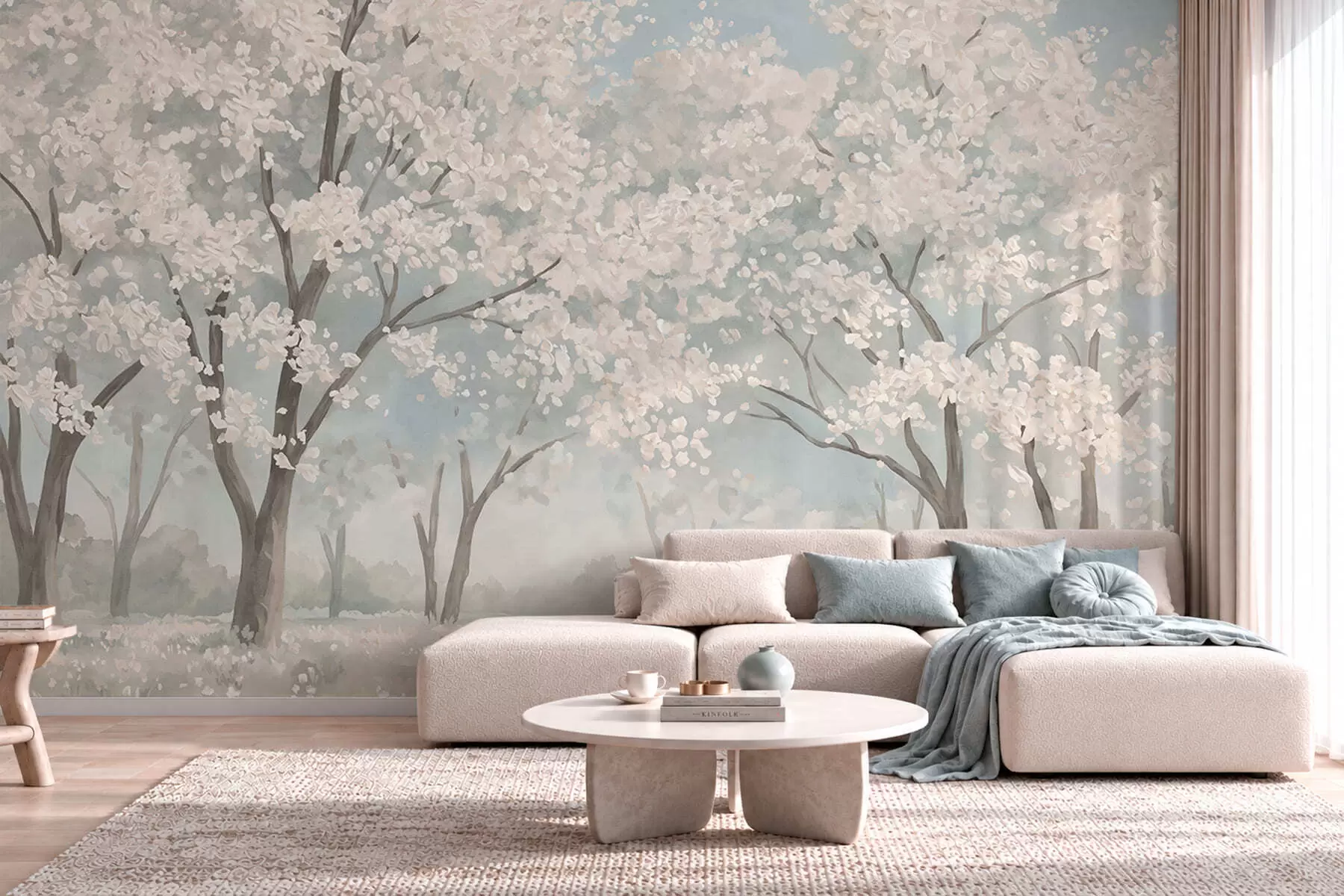 Fototapet Blekblommande träd på en äng i pastellfärger w05897