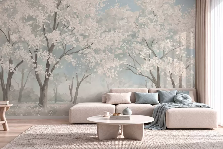 Fototapet Blekblommande träd på en äng i pastellfärger w05897