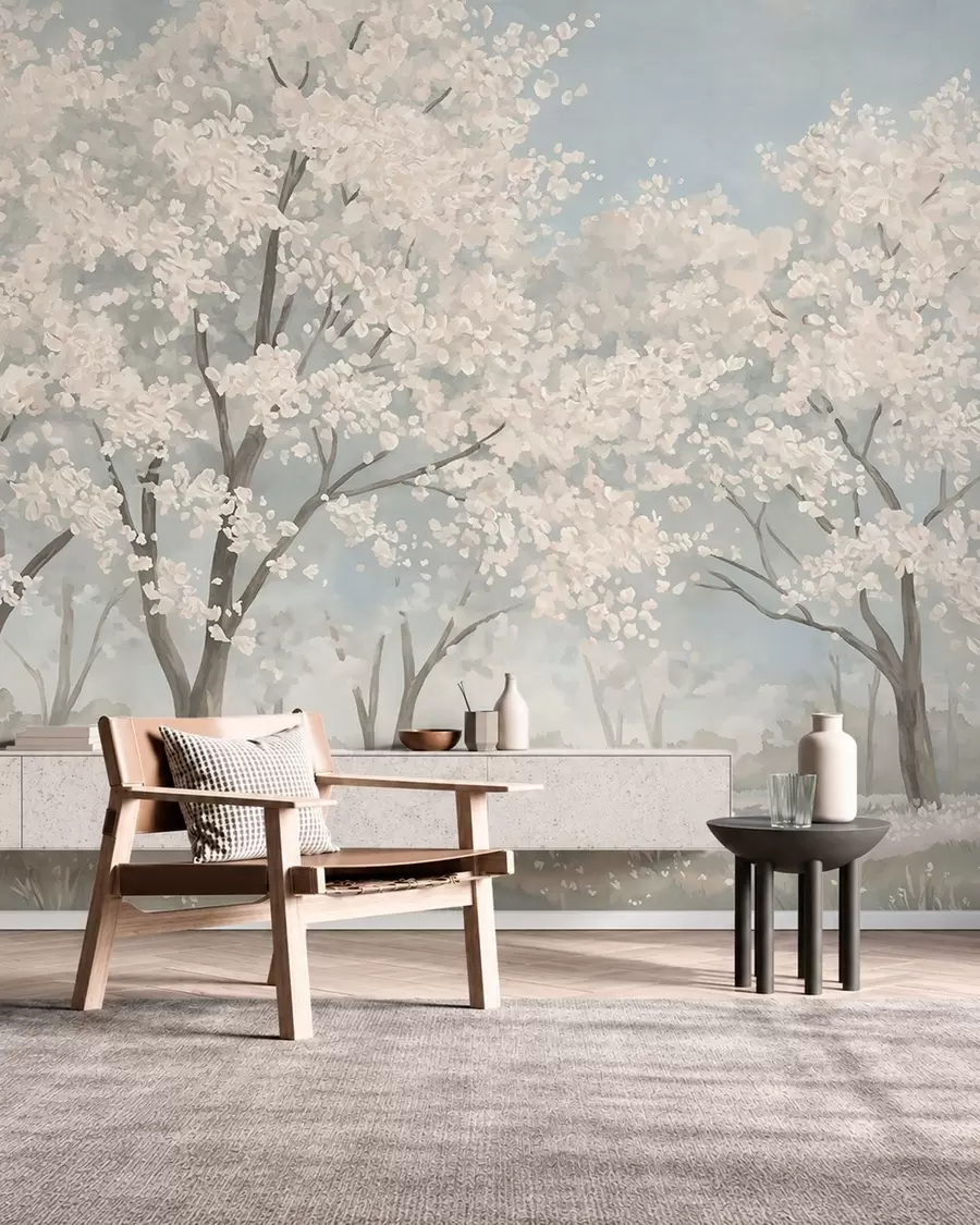 Fototapet Blekblommande träd på en äng i pastellfärger w05897