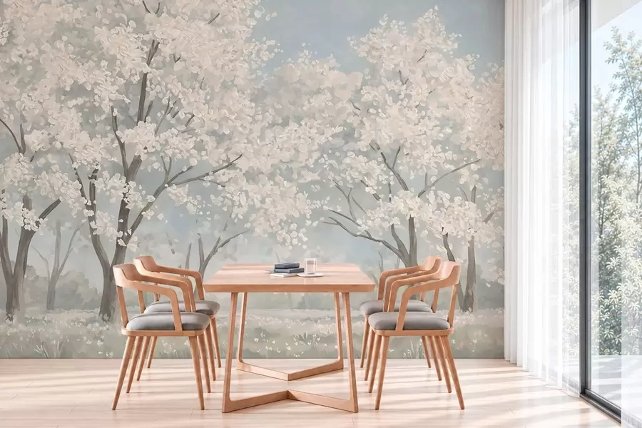 Fototapet Blekblommande träd på en äng i pastellfärger w05897