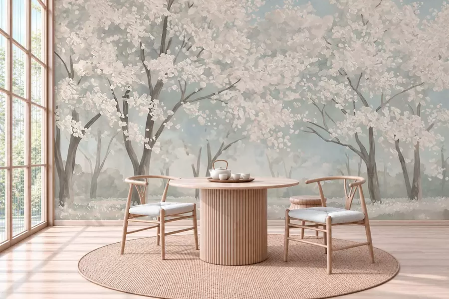 Fototapet Blekblommande träd på en äng i pastellfärger w05897