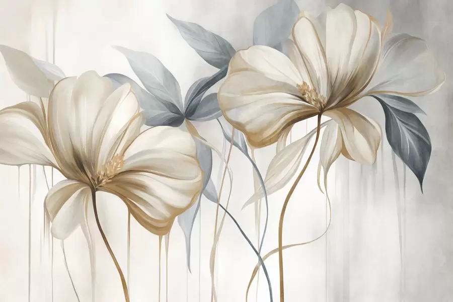 Fototapet Abstrakta, skira blommor med tunna, bruna stjälkar och dämpat blåa blad, med struktur w10058