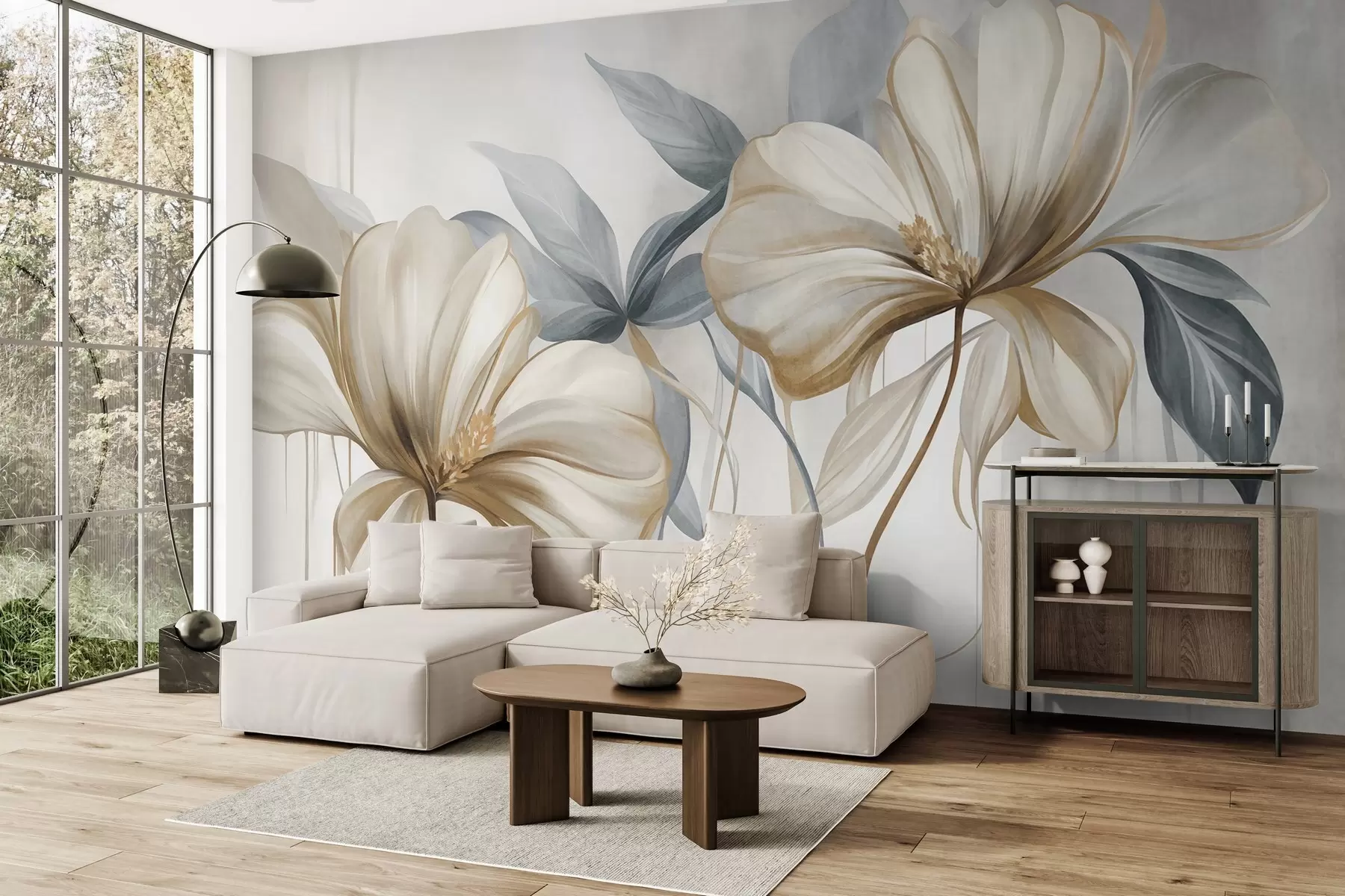 Fototapet Abstrakta, skira blommor med tunna, bruna stjälkar och dämpat blåa blad, med struktur w10058