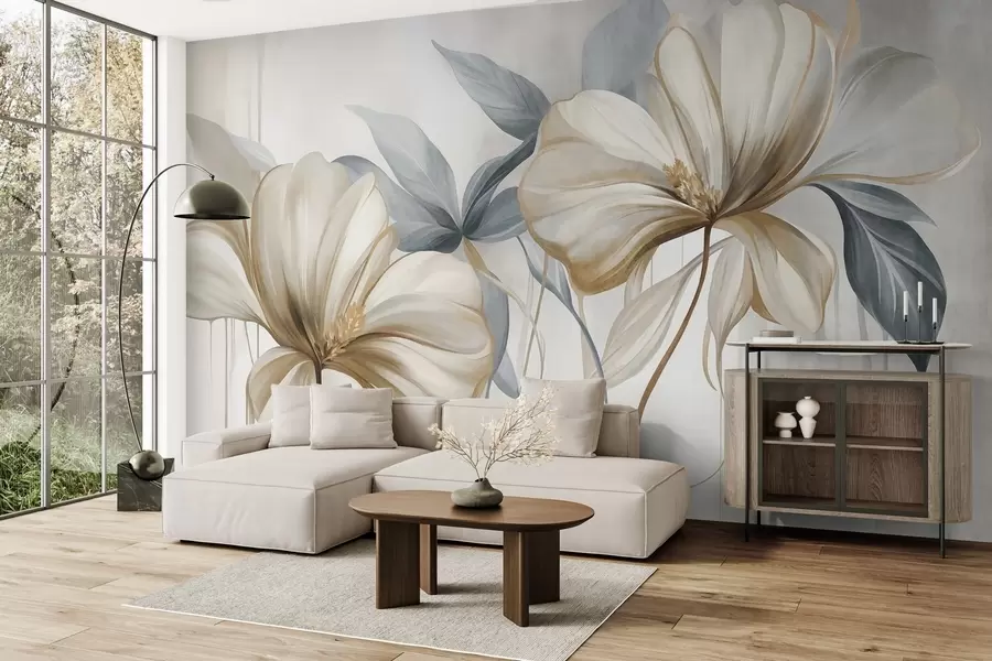 Fototapet Abstrakta, skira blommor med tunna, bruna stjälkar och dämpat blåa blad, med struktur w10058