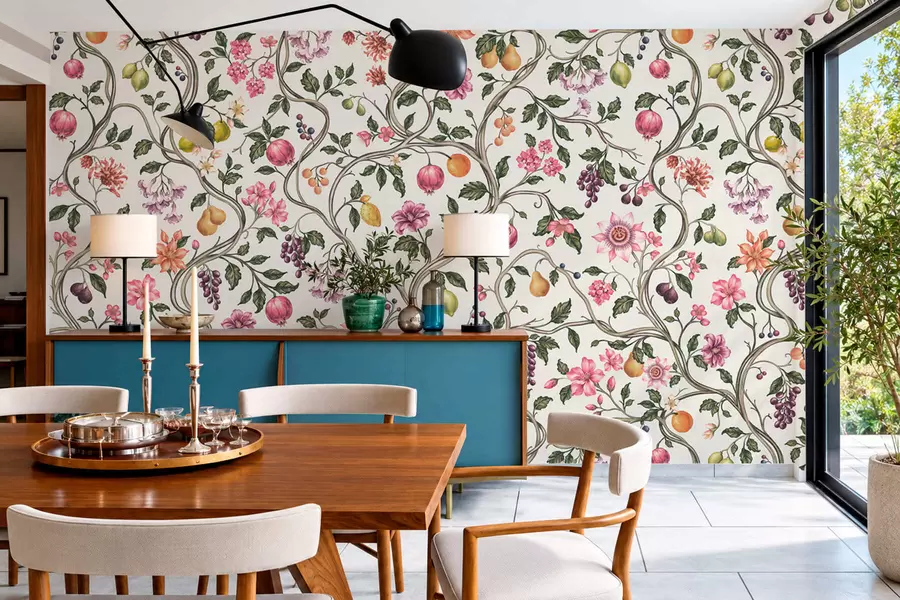 Fototapet Blomm- och fruktmönster med slingrande grenar w05862v1