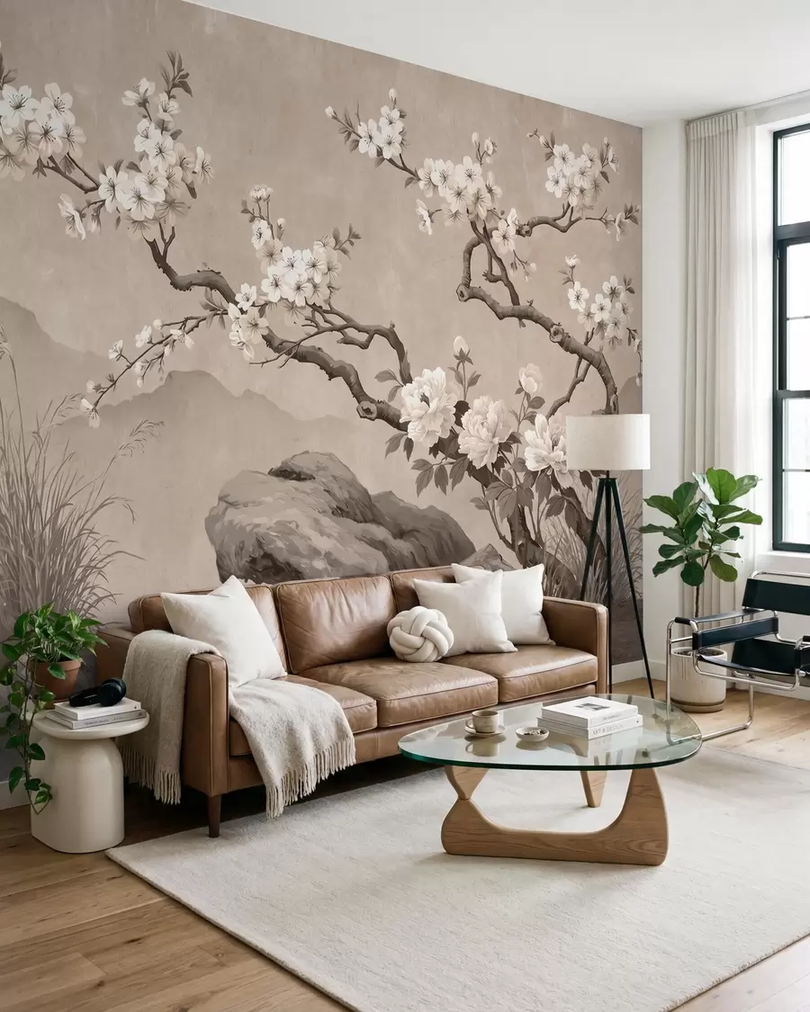 Fototapet En blommande körsbärsgren över stenar i ljusbeige nyanser, i orientalisk målningsstil w10052