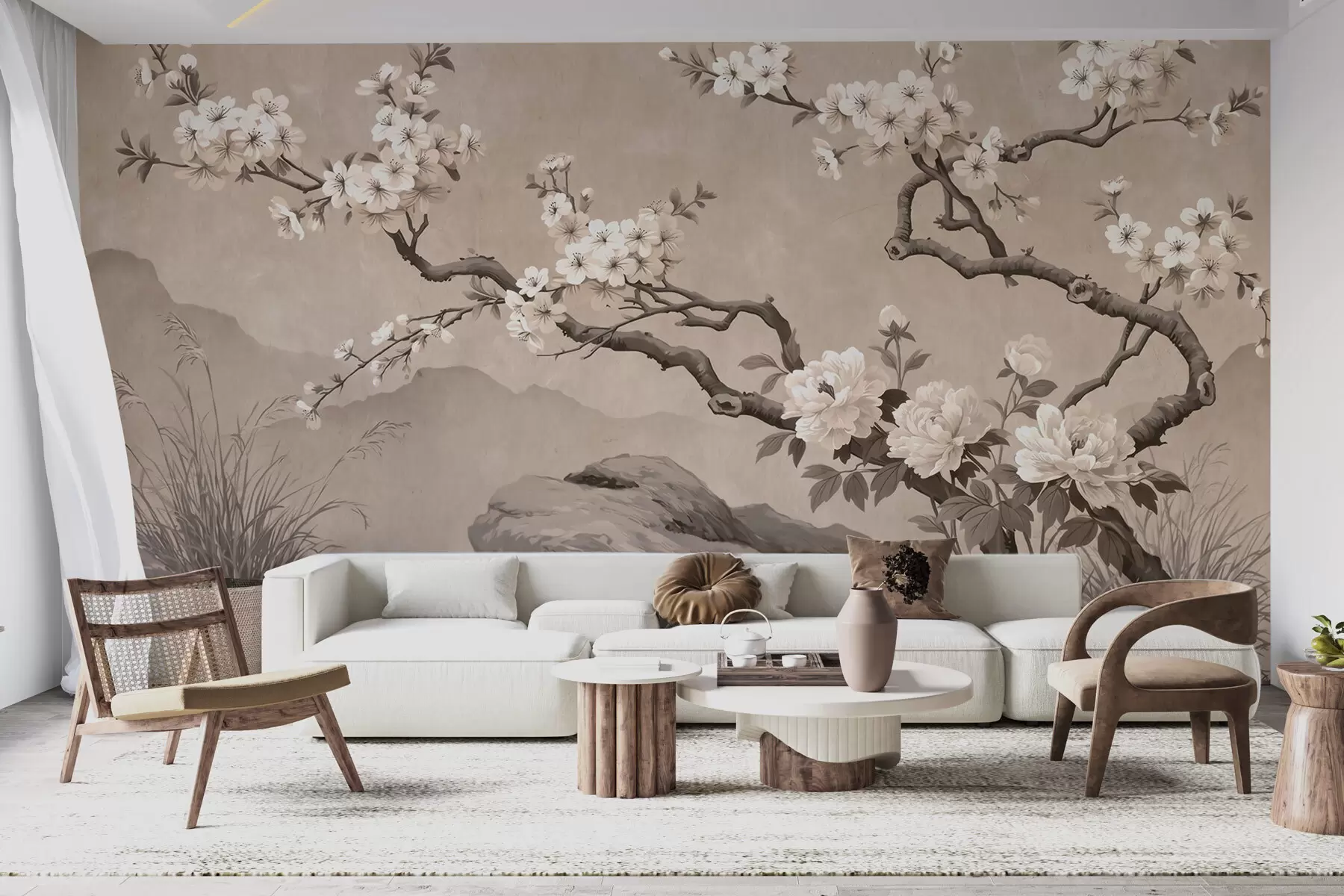 Fototapet En blommande körsbärsgren över stenar i ljusbeige nyanser, i orientalisk målningsstil w10052