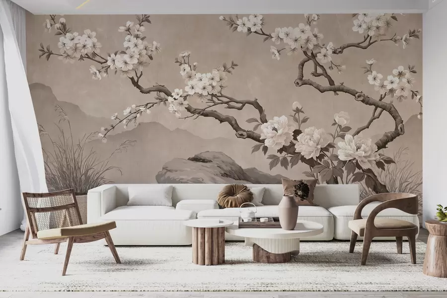 Fototapet En blommande körsbärsgren över stenar i ljusbeige nyanser, i orientalisk målningsstil w10052